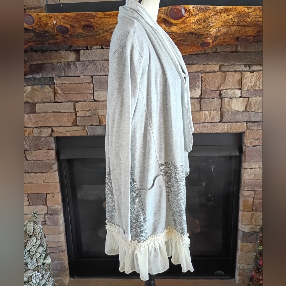 Scrapbook Gray White Cotton Boho Bohemian Open Long Cardigan Sweater - Picture 5 of 16
